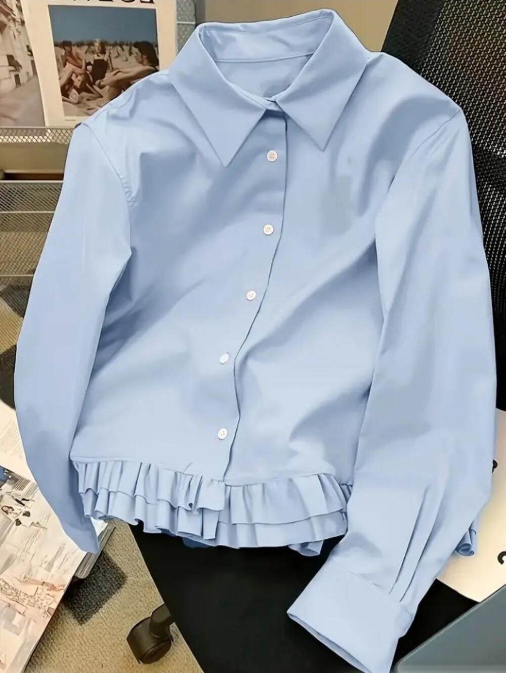 Elegant Light Blue Women'S Long Sleeve Ruffled Button-Up Shirt